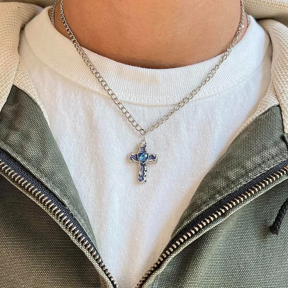 y2k 2000s grunge crystal cross pendant necklace